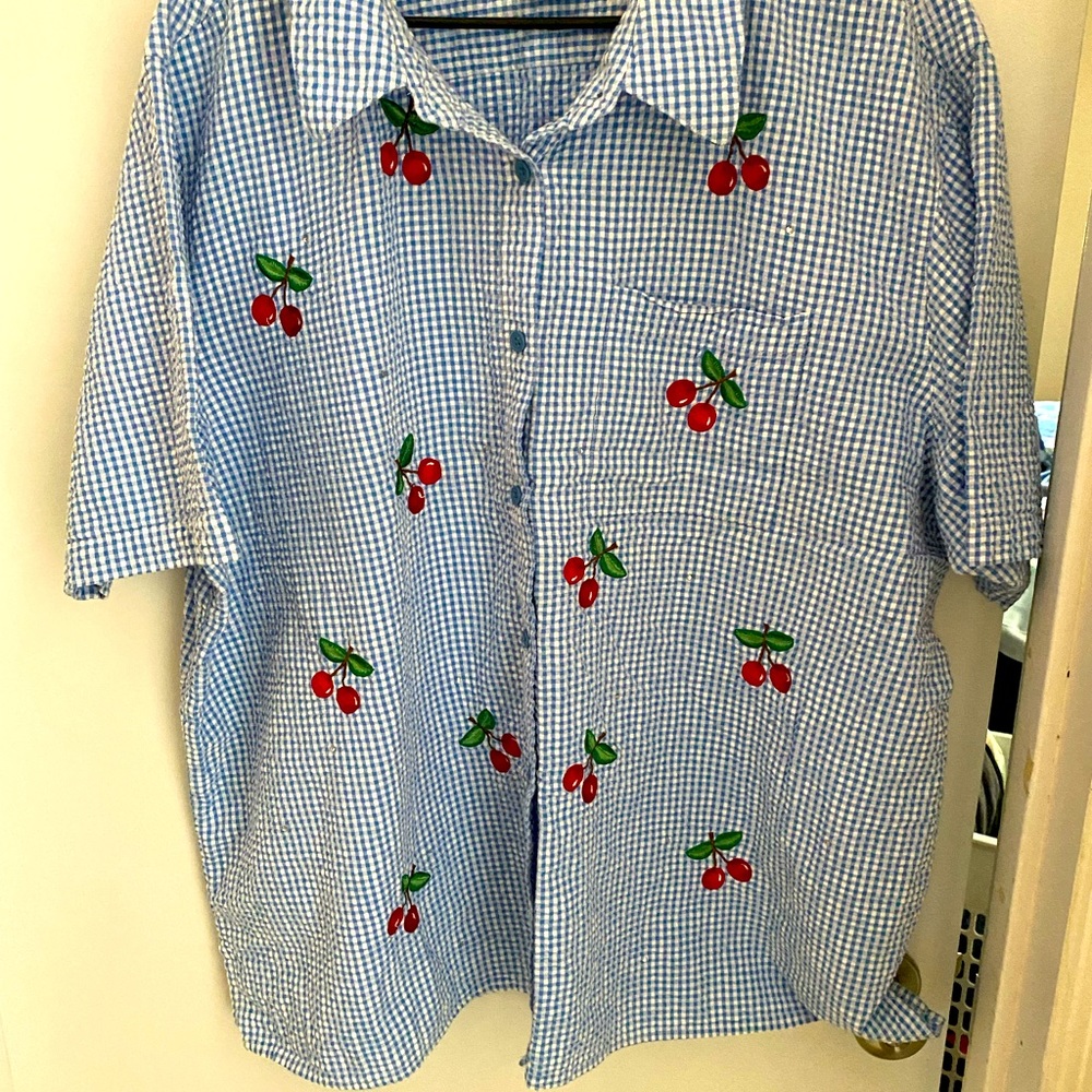 Quacker Factory Blue White Checked Blouse 3X